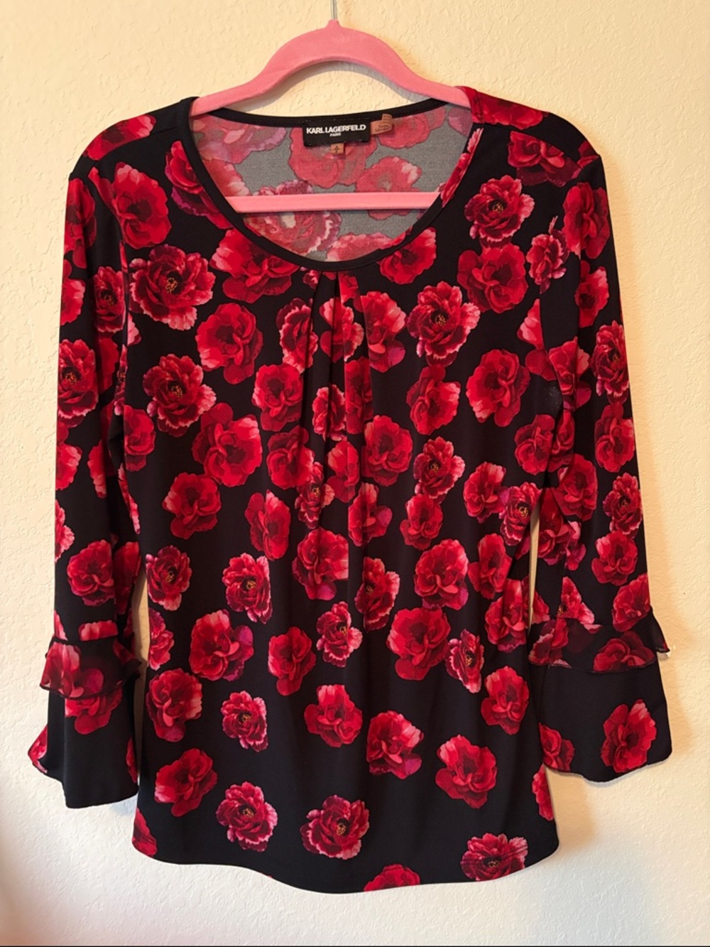 Karl Lagerfeld Black Blouse with Red Floral Pattern